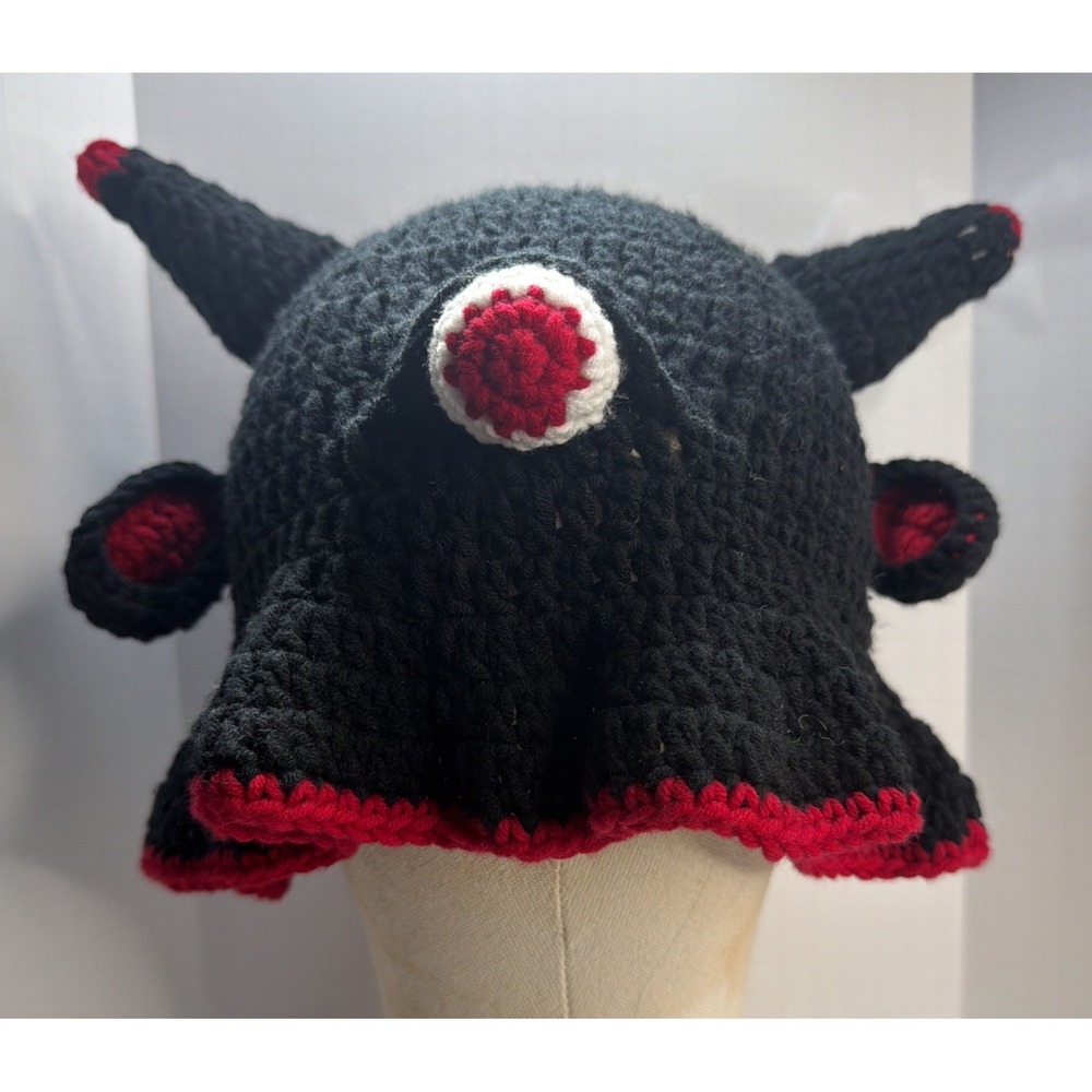 Handmade Crochet Cyclops Monster Hat Black Red Horns One Eye